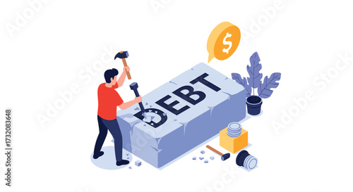 A person is smashing a large stone block with the word debt carved into it with a hammer.