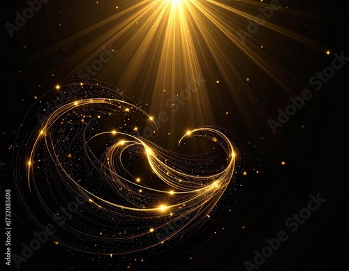 Golden light rays and swirling lines on black background