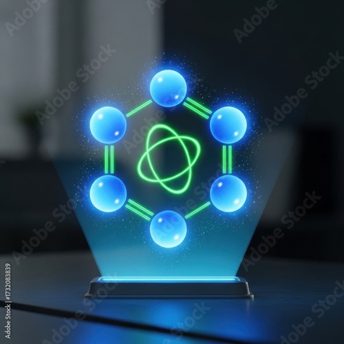 Holographic Atom Model Display with Glowing Orbits and Particles.