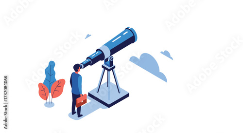 A businessman looks through a telescope at the distant stars and clouds. 