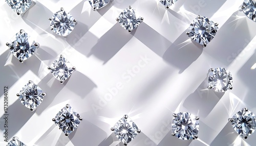 Diamond stud earrings in various cuts, arranged on a white surface