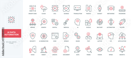 AI, data traffic, update and search, automation and application development line icon set. Automated futuristic brain of AI, robot and trends thin black and red outline symbols vector illustration