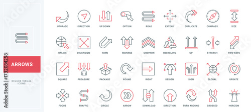 Arrow line icons set. Up and down flow of progress, turn movement, direction to right and traffic sign, software update and upgrade options thin black and red outline symbols vector illustration