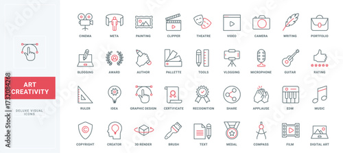 Artwork project, creative art idea generation line icons set. Digital tools to create and share video and text, music film and graphic design thin black and red outline symbols vector illustration