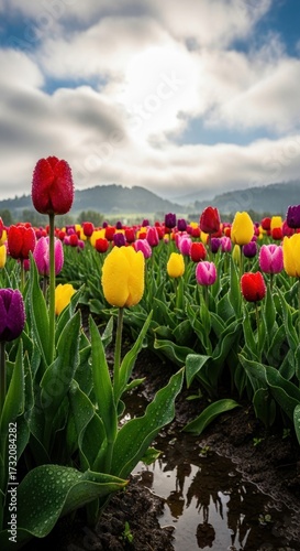Vibrant Tulip Field Under Cloudy Sky - A Colorful Landscape.