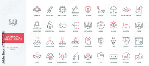 AI, digital brain language and settings line icons set. Crypto technology and data protection, robot and focus on trends, graphic design thin black and red outline symbols vector illustration