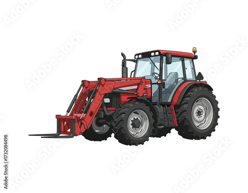 Vector illustration of a powerful red farm tractor with a front loader attachment. Agricultural machinery equipment graphic isolated on white for design