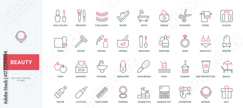 Beauty cosmetics and makeup kit of salon or home care line icons set. Fashion perfume and accessories, healthy food, towels and clothes for beach thin black and red outline symbols vector illustration