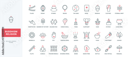 Buddhism line icons set. Prayer and yoga meditation of monk Buddhist, dharma wheel and umbrella, stone temple with bell and stupa thin black and red outline religious symbols, vector illustration