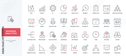 Business data analysis and analytics line icons set. Research technology, management and data control of analyst, statistical model and strategy thin black and red outline symbols, vector illustration