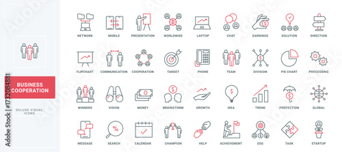 Business cooperation, teamwork and partnership line icons set. Team strategy and startup solution, success direction to trends, work progress thin black and red outline symbols, vector illustration