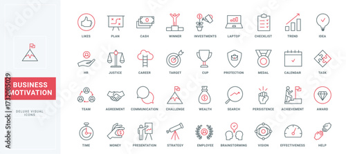 Business motivation, strategy of employment line icons set. Company organization, planning and vision of success and growth, partnership thin black and red outline symbols, vector illustration