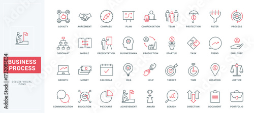 Business process, workflow organization and leadership line icons set. Data system, project and document management, awards for success thin black and red outline symbols, vector illustration