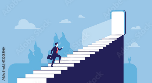 A businessman climbs the stairs towards an open door signifying opportunity and success.