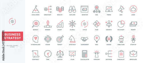Business growth strategy, ideas for company success thin black and red line icons set vector illustration. Outline corporate ethics, data presentation symbols, direction arrow and spyglass for vision