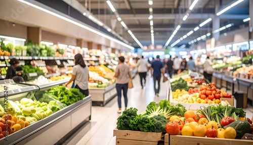 Busy supermarket interior.  People shopping
