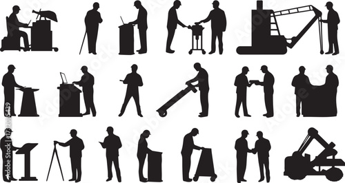 Diverse collection of silhouette vector illustrations depicting various industrial and professional work activities, highlighting teamwork and machinery