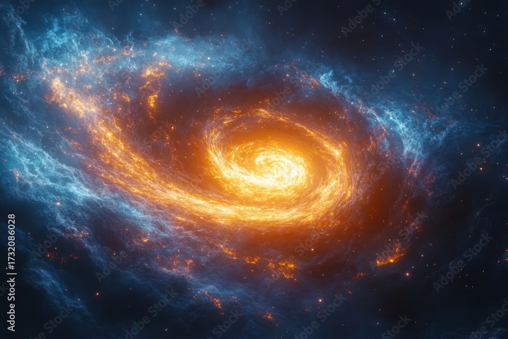 Obraz premium Bright orange star at center of spiral galaxy.