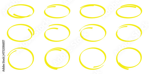 Set of hand drawn yellow circles and ovals. Highlight circle frames in yellow color. Ellipses in doodle style. Vector illustration isolated on white background. 