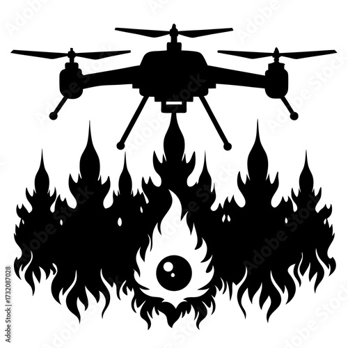 Firefighting Drone Silhouette Flying Through Thick Smoke at Night