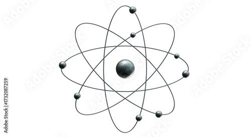Isolated depiction of an atom with electrons orbiting the nucleus on a transparent base