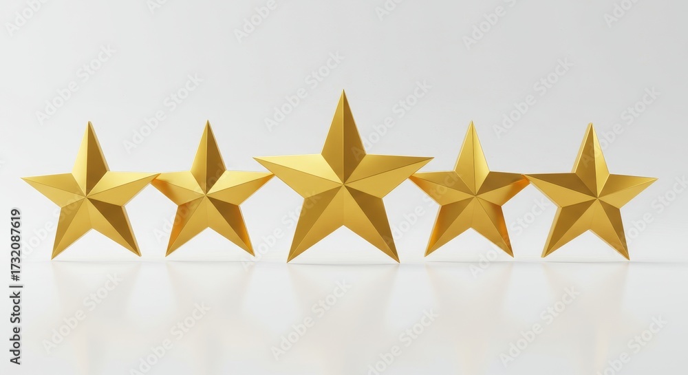 Fototapeta premium Five gold star on white background. Rating system for product review. Concept of excellence and best customer service award.