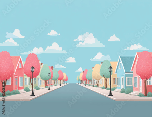 Charming cartoon suburban streetscape with colorful houses trees and clear blue sky offering a peaceful neighborhood scene