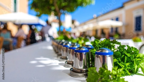 Fototapeta Naklejka Na Ścianę i Meble -  Outdoor cafe scene with small metallic spice holders