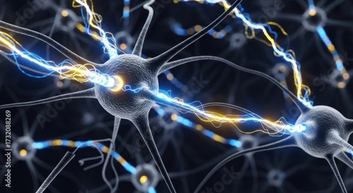 Neural network with electrical impulses, representing brain activity and communication.