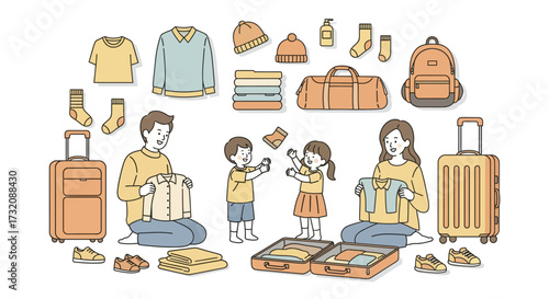 A cute character illustration featuring a happy family enthusiastically preparing for travel, organizing their clothes and bags for an exciting vacation adventure together