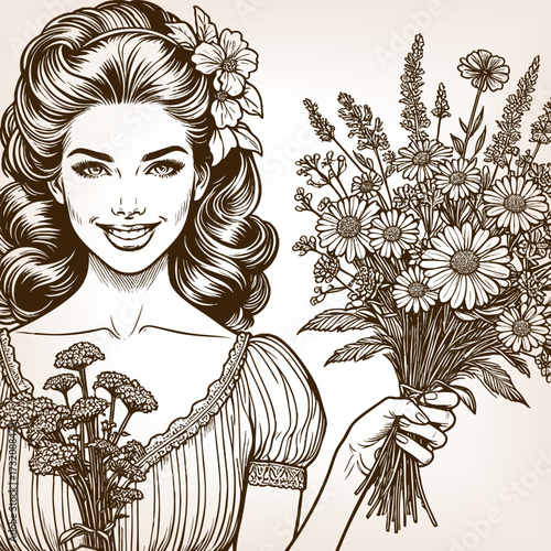 woman wearing a floral crown and holding a bouquet of flowers, symbolizing beauty and grace sketch engraving generative ai fictional character vector illustration. Scratch board. Black and white image