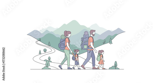 Cute character family travel illustration with backpacks walking on a mountain path