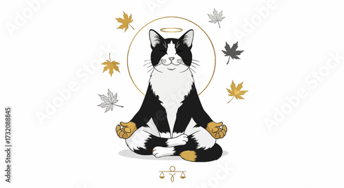 Spiritual whisker enlightenment featuring a divine feline in a meditative yoga pose with a golden halo