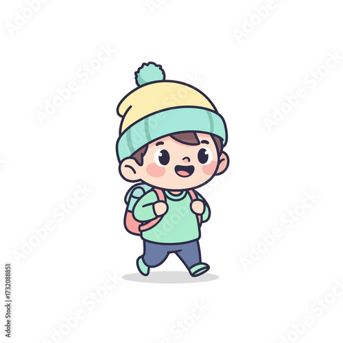 An adorable and cute cartoon character, depicting a cheerful child ready for an exciting family travel journey, happily walking with a backpack, embodying youthful adventure and discovery