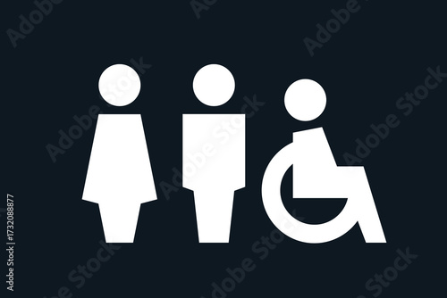 Accessibility restroom icons. Man, woman, and wheelchair user symbols in a minimalist design. Toilet icons, pictograms isolated on black background. WC symbols, vector logo illustration.
