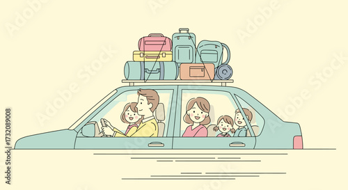 Cute Character Family Travel Road Trip Fun with Loaded Car