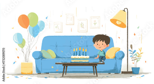 Cheerful birthday celebration scene featuring a boy cake balloons couch presents and festive decorations in a brightly decorated room