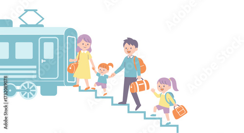 A delightful family travel scene featuring cute character designs as they disembark from a train for their holiday