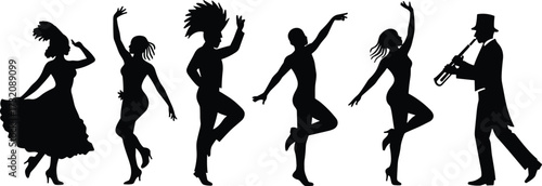 Dance silhouettes with music performance, cultural festival celebration, dancer illustration, artistic rhythm, jazz musician artwork, party entertainment, carnival vector design