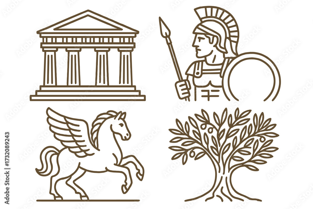 Naklejka premium Ancient Greece line art icon set. Greek mythology symbols collection with Parthenon temple, spartan warrior, pegasus, and olive tree. Vector logo elements for history.