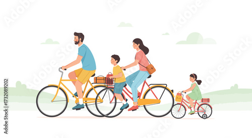 A happy family of cute character illustrations on a fun bicycle travel journey, enjoying an active lifestyle
