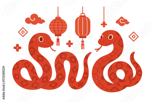 Chinese New Year 2026 banner. Year of the Snake. Cute red cartoon snakes and traditional lanterns vector illustration. Asian zodiac symbol for holiday greeting card design.