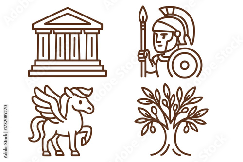 Ancient Greece line art icon set. Greek mythology symbols collection. Vector outline illustration of Parthenon temple, spartan warrior, pegasus winged horse, and olive tree.