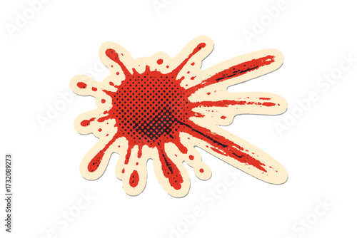 Blood stain sticker halftone style. Halloween horror crime scene vector. Red paint splatter splash. Grunge vintage 90s zine collage paper texture. Dotted cartoon illustration.