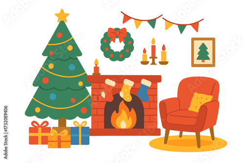 Christmas room interior set. Cozy Scandinavian flat style illustration with fireplace, tree, gifts, and armchair. Hygge winter holiday home decoration vector collection.
