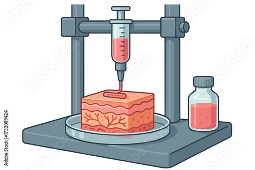 Bioprinting artificial skin vector concept. 3D printer creating human skin tissue in a lab. Regenerative medicine and biotechnology innovation. Medical research and dermatology science.