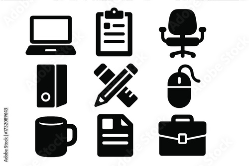 Office essentials icon set. Business items glyph collection. Vector silhouettes of laptop, chair, briefcase, clipboard for web design, UI, UX, and presentation graphics.