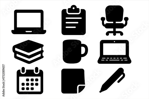 Office essentials icon set. Vector glyph collection of business and work symbols. Simple black silhouette style. Laptop, chair, calendar, clipboard, pen, book and coffee mug.