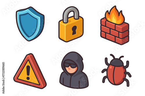 Cybersecurity isometric icon set. Vector cartoon illustration. Shield protection, secure lock, firewall, warning sign, hacker threat, and computer bug or virus symbol.