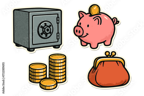 Finance money savings retro sticker set. Metal safe, piggy bank, gold coins, vintage purse. Vector illustration collection. Banking security wealth. Financial budget economy concept.